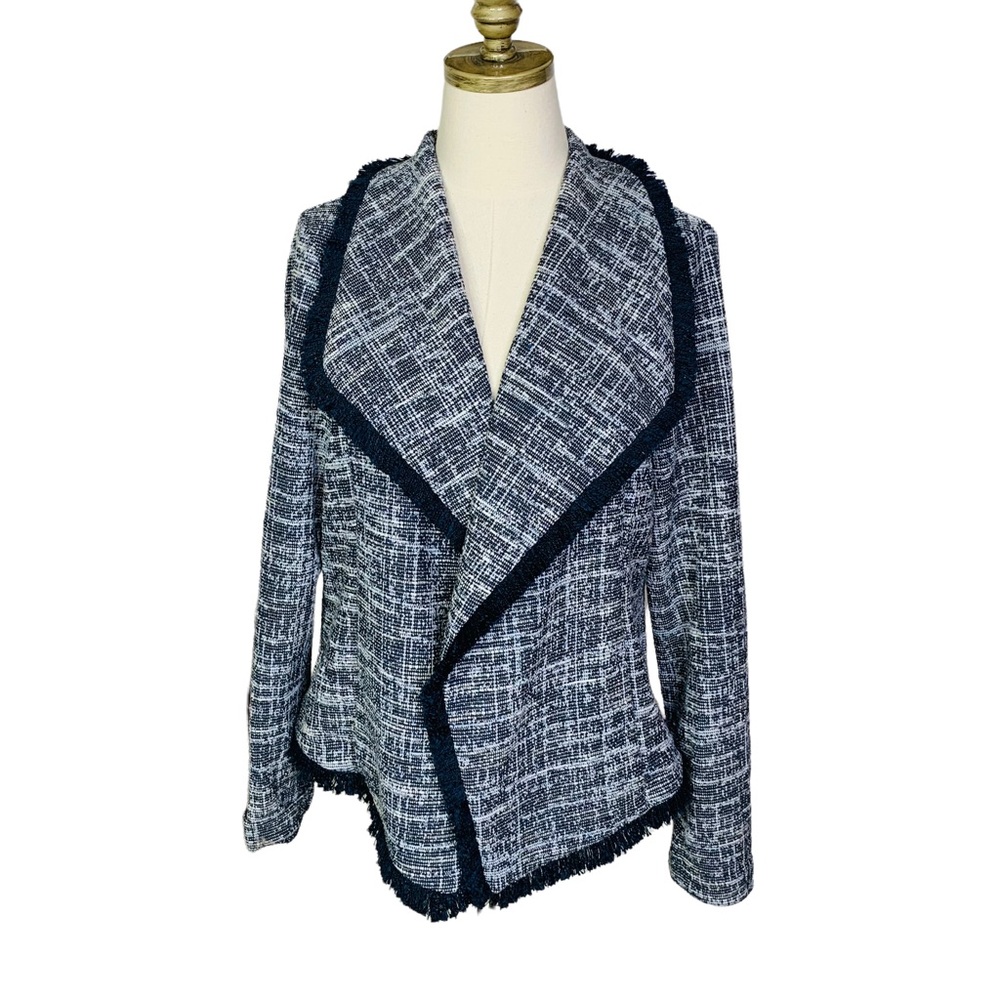 Rachel Zoe Blue Tweed Fringe Blazer Jacket LARGE 3327